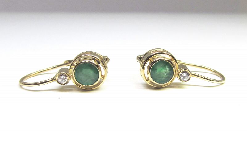 Emerald and Diamond 14Kt yellow Gold European Back Earrings