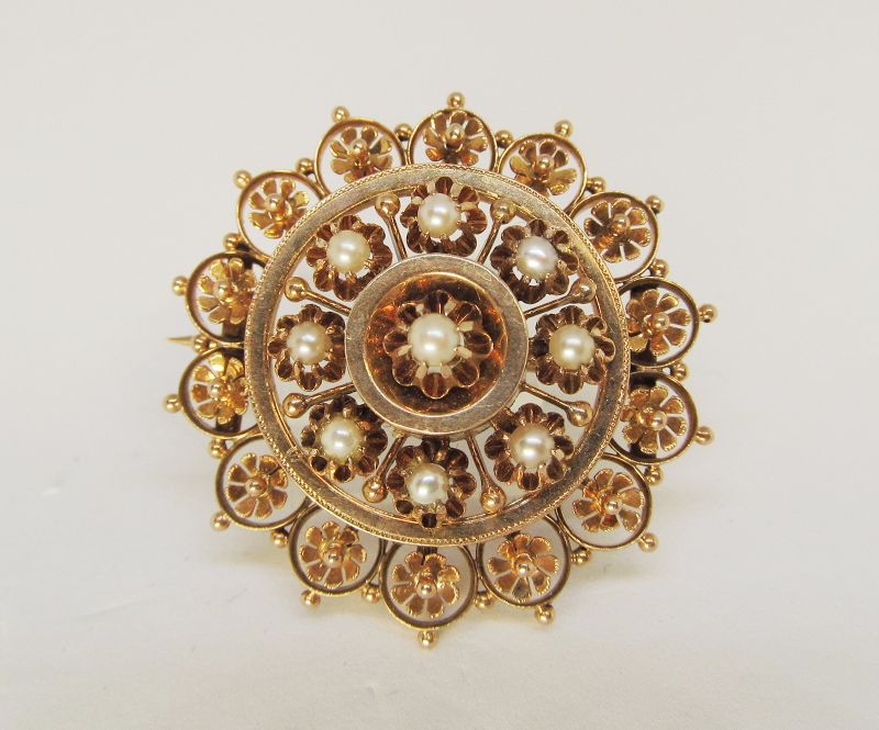 Victorian 14Kt Gold and Seed Pearl Broach