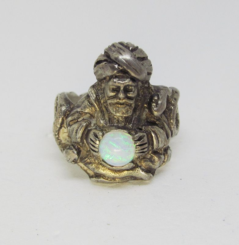 Figural Sterling Silver and Opal Ring with Snakes