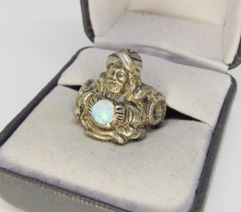 Figural Sterling Silver and Opal Ring with Snakes