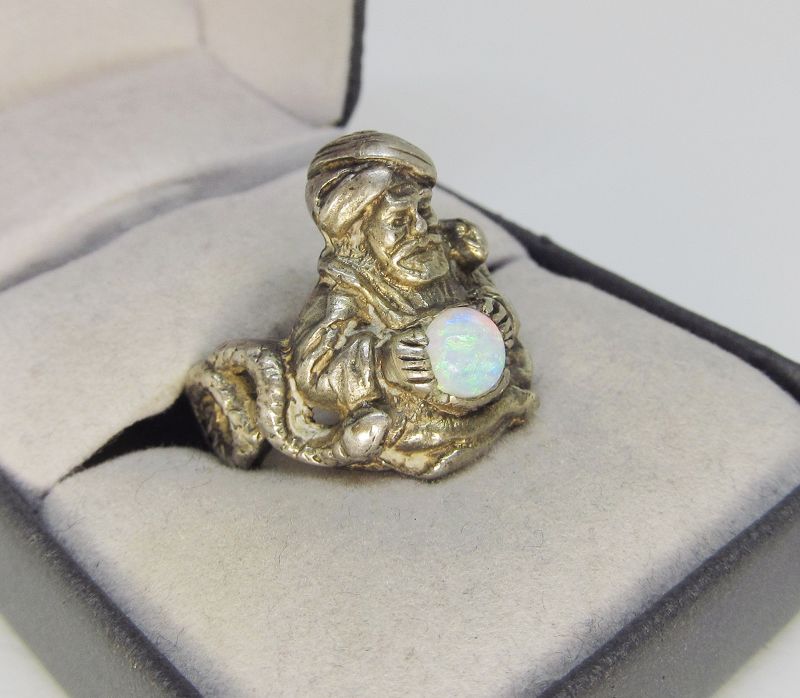 Figural Sterling Silver and Opal Ring with Snakes