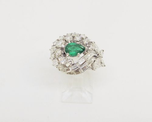 Emerald, Diamond and Platinum Flower Bouquet Ring