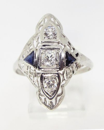 Filigree Diamond and Sapphire Dinner Ring 14Kt White Gold