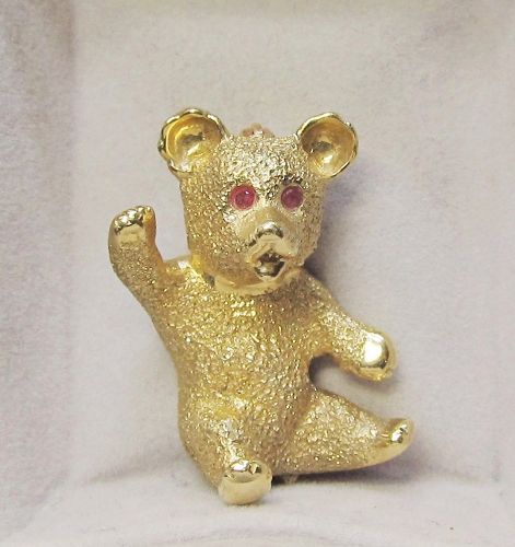 14Kt Yellow Gold Teddy Bear Broach with Ruby Eyes