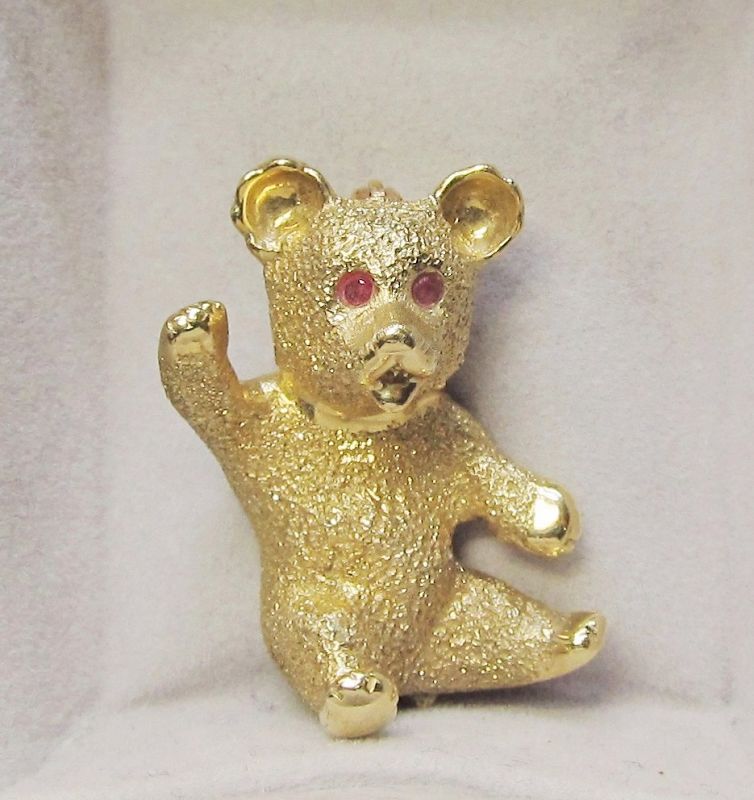18K Gold Designer Teddy Bear Ruby Eyes Diamond Belly Button Brooch Pin  Vintage