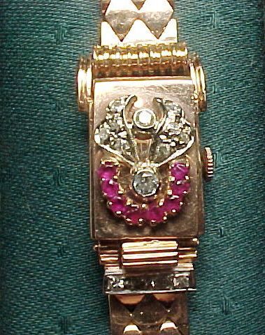 14 Karat Pink Gold Retro Watch with Rubies, Diamonds