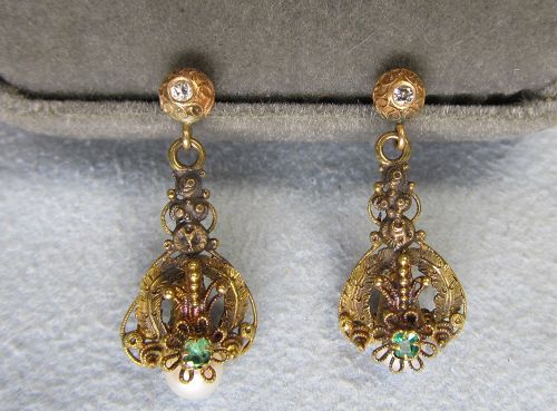 Gold Victorian Etruscan Hanging Earrings