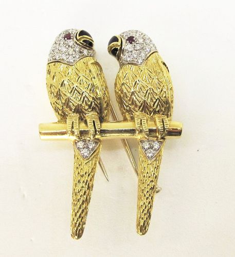 Pair of 18Kt Gold and Pave Diamond Love Birds