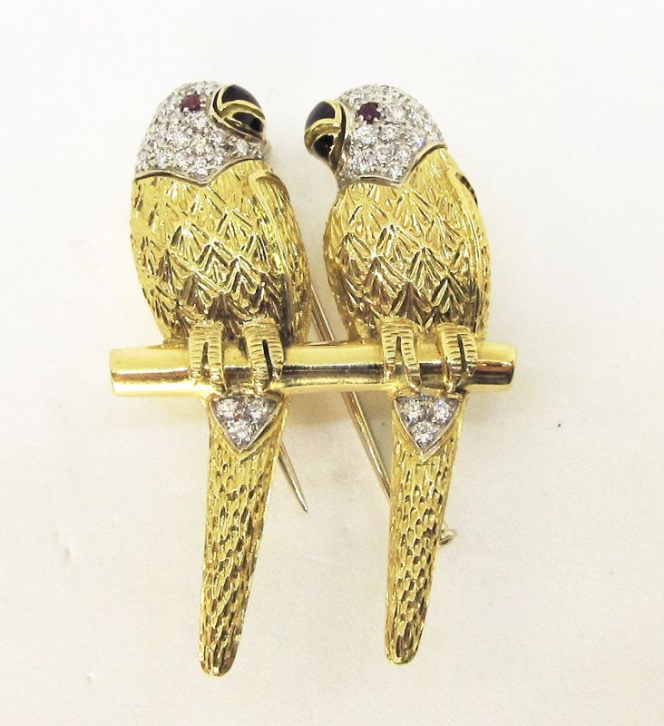 Pair of 18Kt Gold and Pave Diamond Love Birds