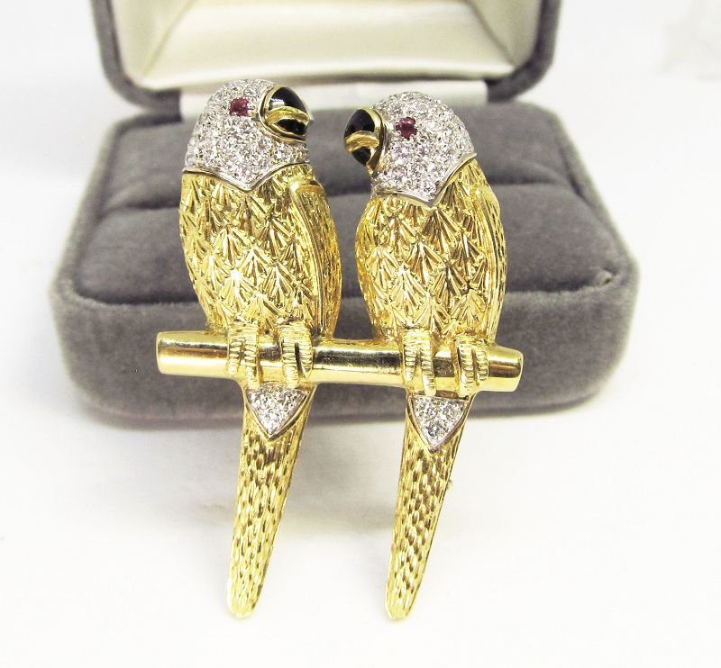 Pair of 18Kt Gold and Pave Diamond Love Birds