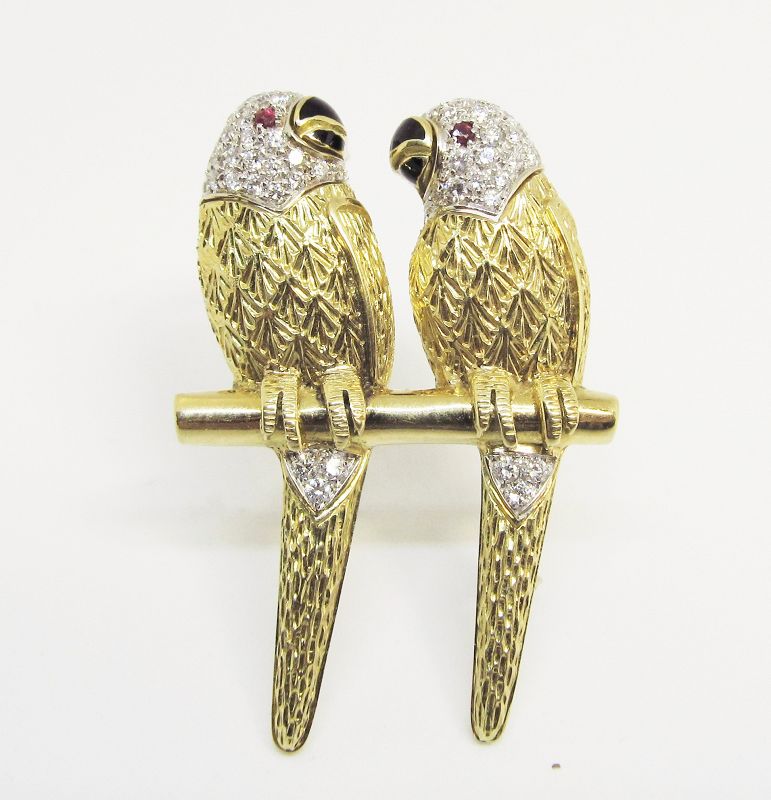 Pair of 18Kt Gold and Pave Diamond Love Birds