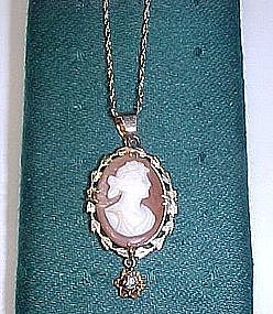 Shell Cameo Pendant in 14Kt Gold Frame with a Diamond