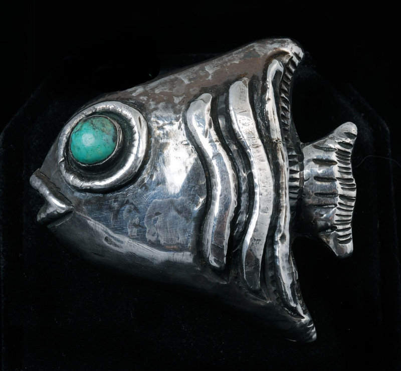 EARLY MEXICO CITY REPOUSSE SILVER FISH PIN/BROOCH