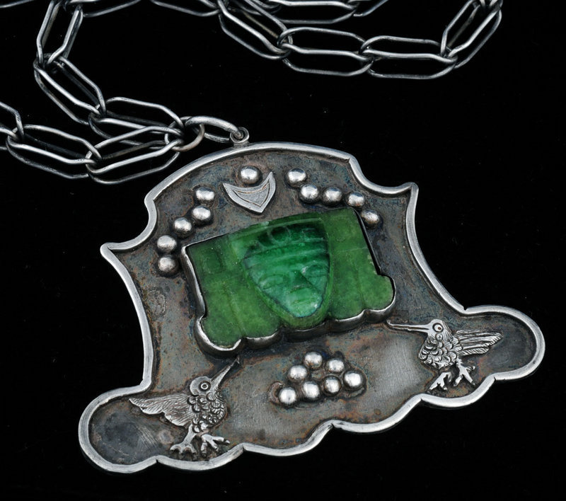 OLD TAXCO MEXICAN 960 SILVER JADE PENDANT NECKLACE