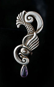 AEM MEXICAN SILVER AMETHYST REPOUSSE FISH EARRINGS