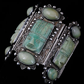 MONUMENTAL DECO MEXICAN SILVER CARVED JADE BRACELET