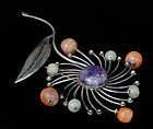 DECO MEXICAN SILVER GEMS FLORAL BURST PIN BROOCH