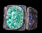 DECO CHINESE SILVER ENAMELS and CARVED JADE BRACELET