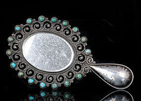 OLD MATL MEXICAN SILVER and TURQUOISE HAND MIRROR