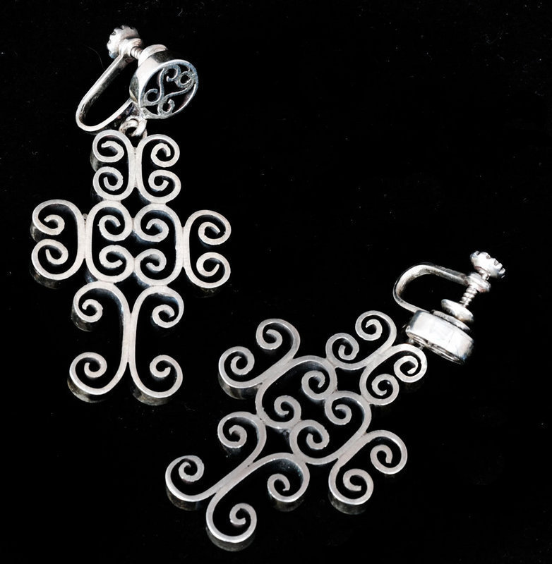 EXCEPTIONAL MEXICAN SILVER HUGE CROSS EARRINGS