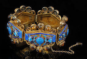 OLD CHINESE SILVER ENAMEL and TIGERS EYE BRACELET