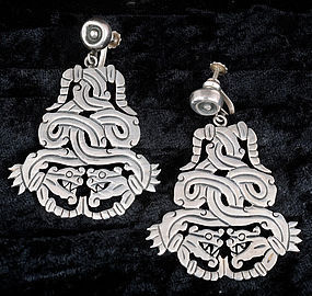 HUGE DECO MEXICAN SILVER QUETZALCOATL EARRINGS