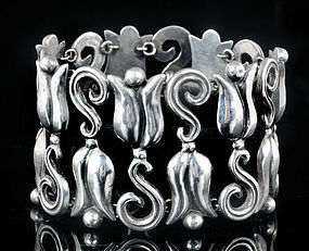 EARLY TAXCO 980 SILVER REPOUSSE TULIPS BRACELET