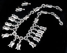 EARLY TAXCO 980 Silver TULIPS NECKLACE and EARRINGS