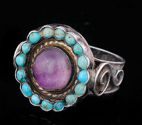 RARE ROUND DECO Matl-esque MEXICAN SILVER JEWELDED RING