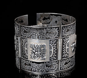 WIDE PERUVIAN SILVER BRACELET with Figural APPLIQUES