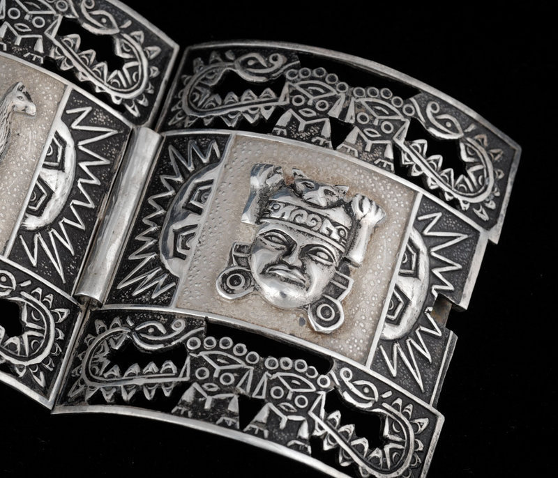 WIDE PERUVIAN SILVER BRACELET with Figural APPLIQUES