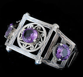 DECO MEXICAN SILVER and ALEXANDRITE HINGED BRACELET