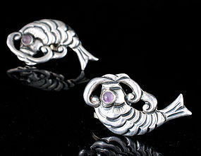 MEXICAN SILVER AMETHYST REPOUSSE KOI FISH EARRINGS