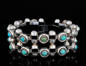 Heavy DECO MEXICAN SILVER Turquoise CAVIAR BRACELET