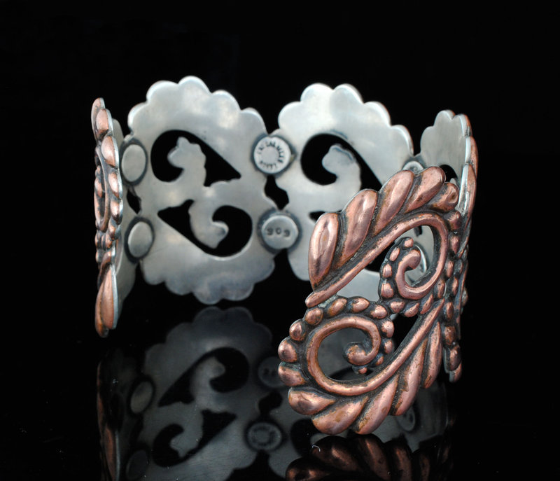 LOS CASTILLO SILVER and COPPER REPOUSSE CUFF BRACELET