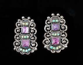 Deco RIVERA MEXICAN Silver JEWELED Matl-esque EARRINGS