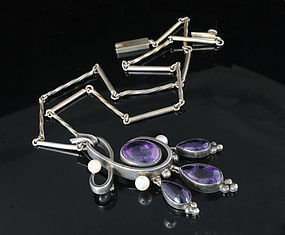MEXICAN 980 Silver Pearls Amethyst PENDANT NECKLACE