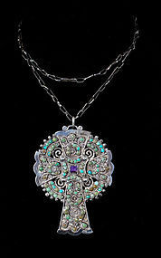 big Matilde Poulat Matl Mexican silver jeweled Cross Necklace