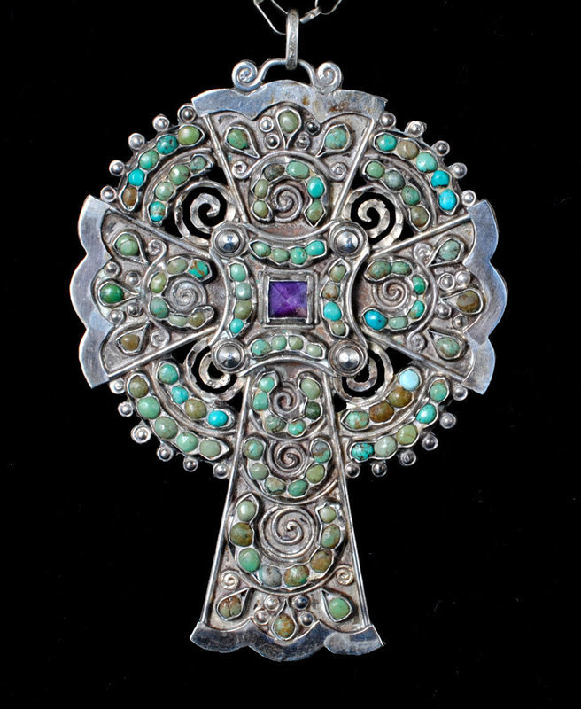big Matilde Poulat Matl Mexican silver jeweled Cross Necklace