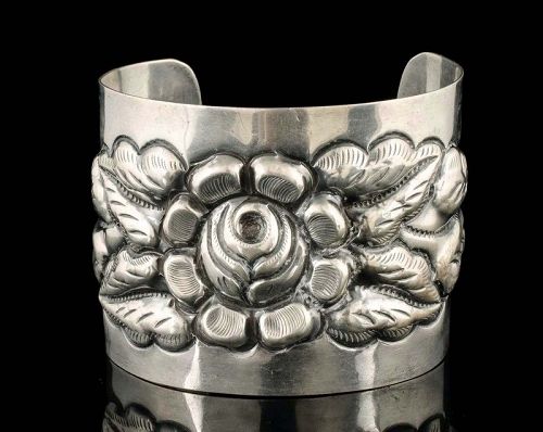 Tobias Mexican Deco silver repousse Cuff Bracelet Aztec Rose