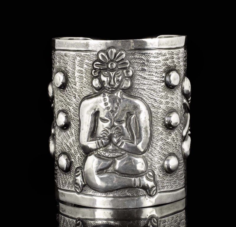 rare A. Tobias figural Mexican silver repousse Cuff Bracelet