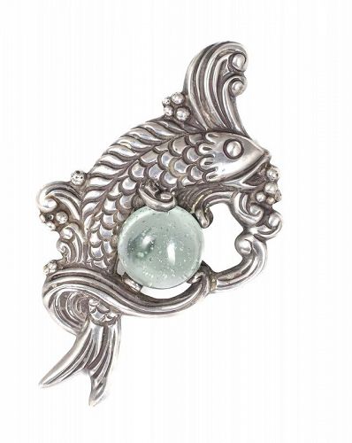 3.5" Los Castillo Mexican silver aqua glass koi  fish Fur Pin Brooch