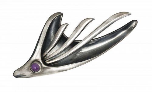 Sigi Pineda Mexican silver amethyst Pin Brooch ~ Taxco modernist