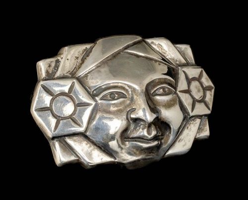 M Velazquez Mexican silver repousse Pin Brooch ~ man with flowers