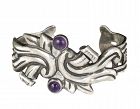 early Mexican Deco silver repousse Cuff Bracelet with amethyst