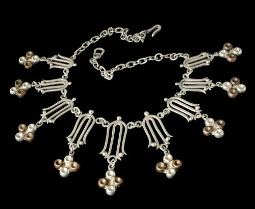 18" Mexican Deco silver copper Necklace ~ dimpled dot tulips