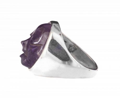 mid-century Mexican silver carved amethyst "mask" Ring