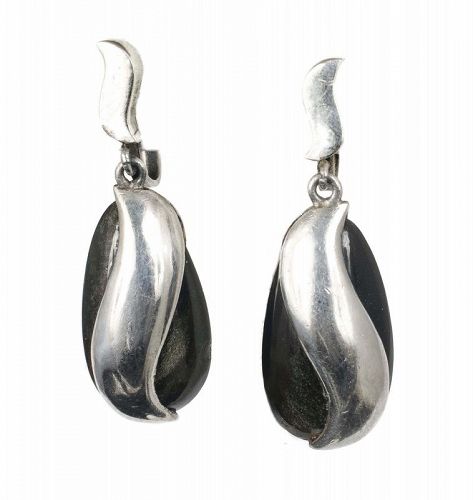Antonio Pineda Mexican 970 silver obsidian dangle Earrings