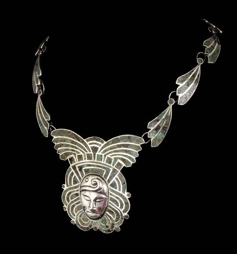 Mexican Deco mozaico azteca silver repousse mask Necklace