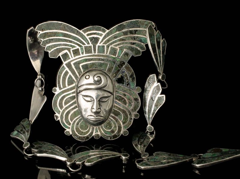 Mexican Deco mozaico azteca silver repousse mask Necklace